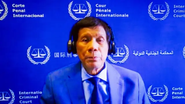 ormer Philippine President Rodrigo Duterte faces trial at the International Criminal Court (ICC) for the first time as he attends the hearing via video from the ICC's detention center