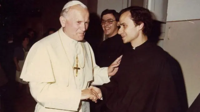 Undated picture of Robert Prevost, now Pope Leo XIV, with late former Pope John Paul II.