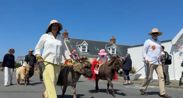 A picture of donkeys and goats in the L'Eree Cavalcade. They are wearing white shirts and holding the animals via a lead.