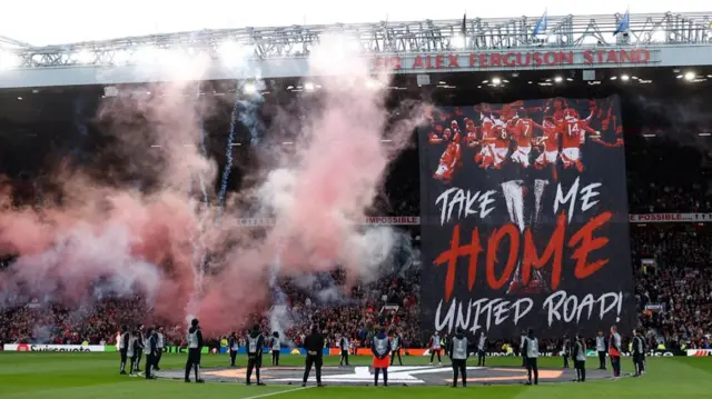 Manchester United banner before their Europa League semi-final win over Athletic Bilbao at Old Trafford