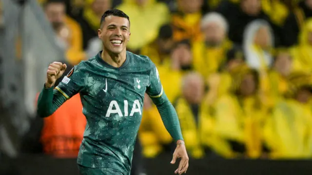 Pedro Porro celebrates scoring for Tottenham at Bodo/Glimt