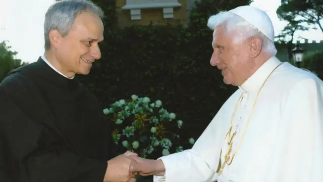 Undated picture of Robert Prevost, now Pope Leo XIV, with late former Pope Benedict XVI.