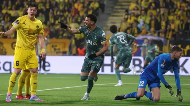 Dominic Solanke celebrates after scoring for Tottenham away to Bodo/Glimt
