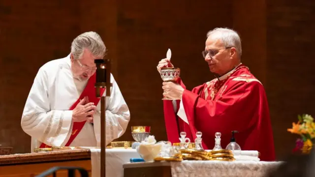Then-Cardinal Robert F. Prevost, now Pope Leo XIV, celebrates Mass at St. Jude Parish, in New Lenox, Illinois