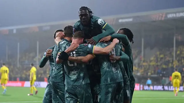 Tottenham players celebrate after scoring against Bodo/Glimt