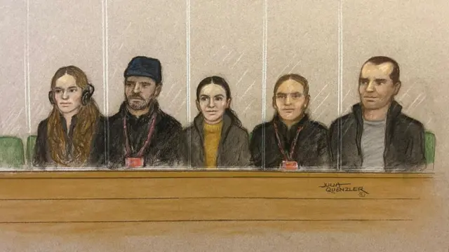 A courtroom drawing of Vanya Gaberova, Katrin Ivanova and Tihomir Ivanchev at the Old Bailey last year, with two dock officers seated between them
