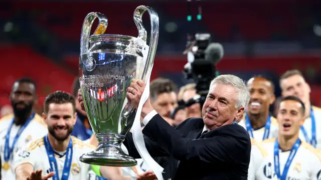 Manager Carlo Ancelotti with the Champions League trophy after Real Madrid win the 2024 final