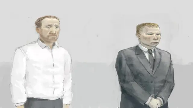 Daniel Graham and Adam Carruthers shown in a court sketch which was created during the trial. Graham is on the left wearing a white shirt and grey trousers and Carruthers wears a grey suit, grey tie and white short