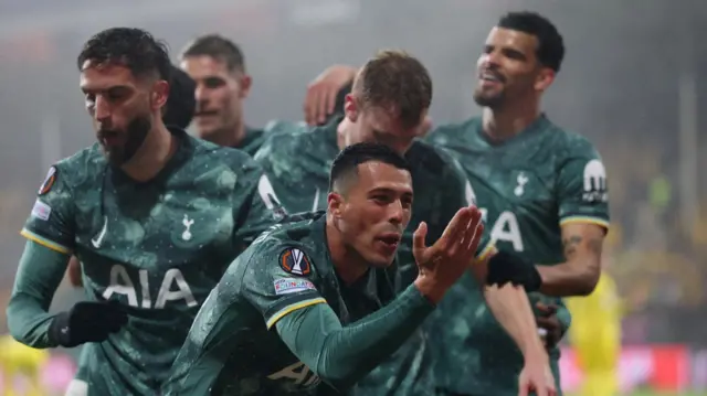Pedro Porro celebrates scoring for Tottenham against Bodo/Glimt