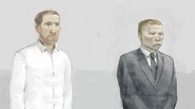 Court sketch of Graham, who has short ginger hair and a beard and is wearing a white shirt, and Carruthers, who has short blond hair and is in a dark suit