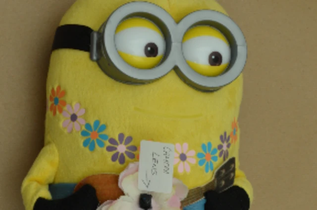 A yellow minion cuddly toy features a flower on its front, the centre of which shows a camera lens. A small label points the camera out