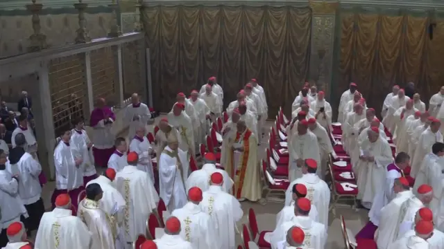 Pope Leo being led inside, cardinals are standing and have put on red skullcaps