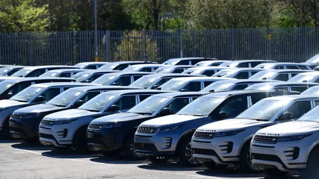 Lots of Land Rovers lined up and parked.