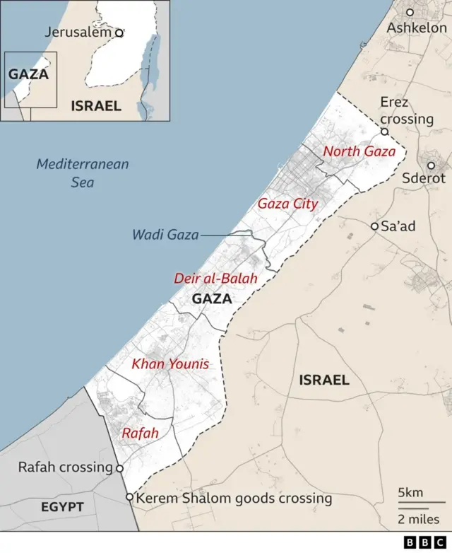 Map showing main cities in Gaza: Rafah, Khan Younis, Deir al-Balah, Gaza City, and North Gaza