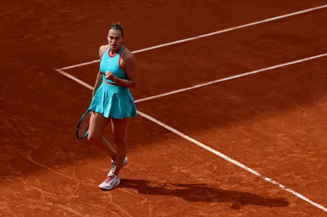 Belarus' Aryna Sabalenka reacts after a point