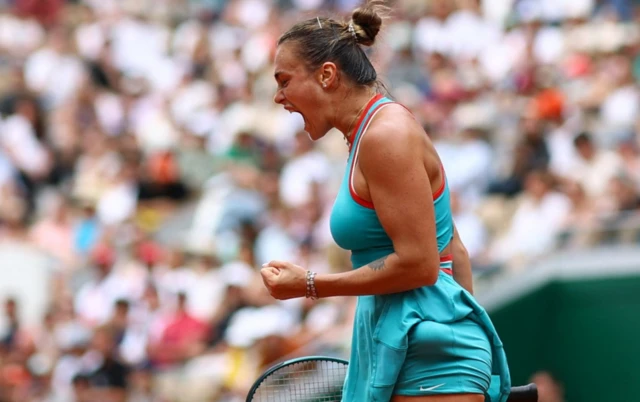 Belarus' Aryna Sabalenka reacts during her fourth round