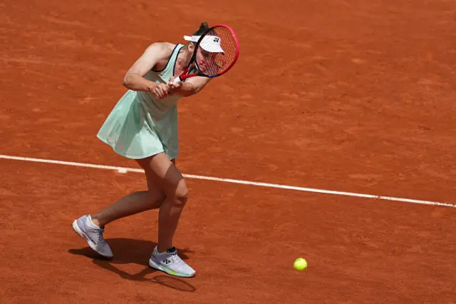 Kazakhstan's Elena Rybakina plays a backhand return