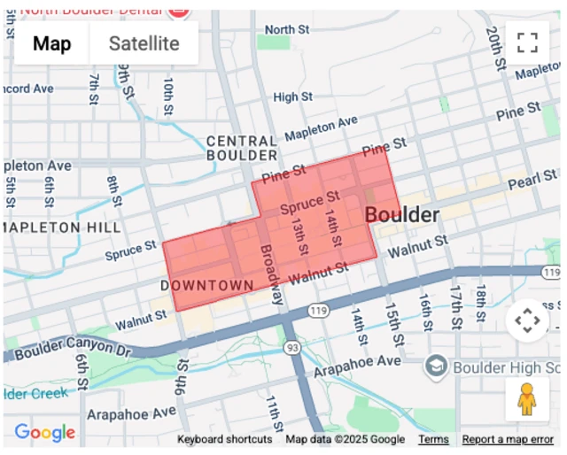 A Google map of central Boulder highlights an area in red stretching from 9th Street to 16th Street and between Pine Street and Walnut Street.