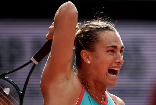 Belarus' Aryna Sabalenka reacts