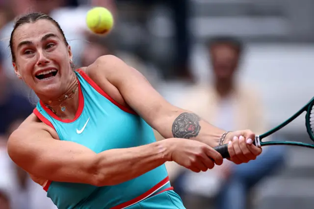 Belarus' Aryna Sabalenka plays a backhand return