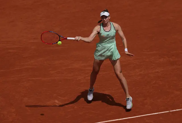 Elena Rybakina of Kazakhstan plays a forehand