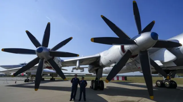 A Tupolev Tu-95MS strategic bomber is seen during the International Military-Technical Forum "Army 2022" at Kubinka military training ground in Moscow