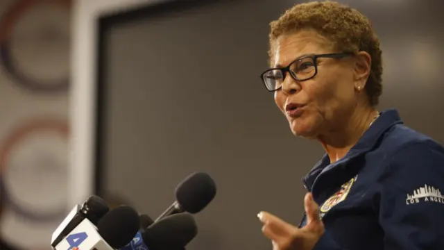Los Angeles Mayor Karen Bass addresses the media during a press conference at the City of Los Angeles Emergency Operation Center