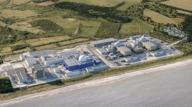 An artist's impression of what Sizewell C could look like from an aerial view. It is placed next to the Sizewell B site and the former Sizewell A.
