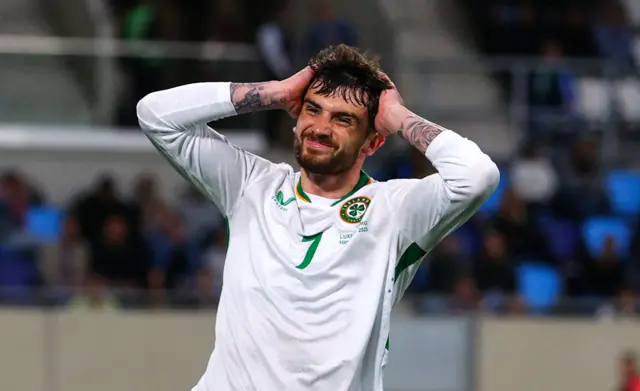 Troy Parrott's reaction to his goal being ruled out.