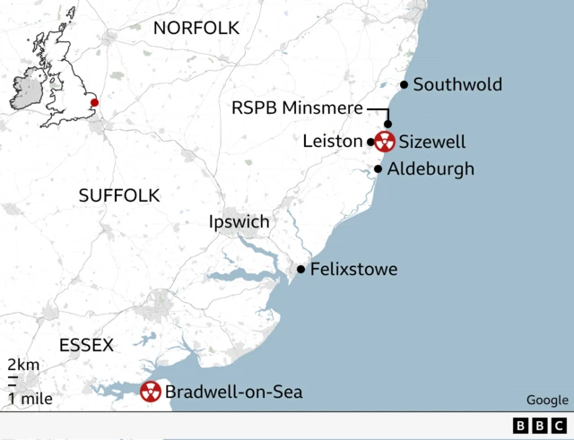 Map showing position of Sizewell in relation to Aldeburgh, Southwold, Leiston, RSPB Minsmere, Felixstowe and Ipswich in Suffolk. Bradwell-on-Sea nuclear power station in Essex is also pinpointed.