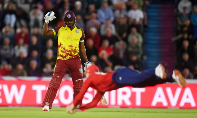 A diving catch from Harry Brook dismisses Romario Sheperd