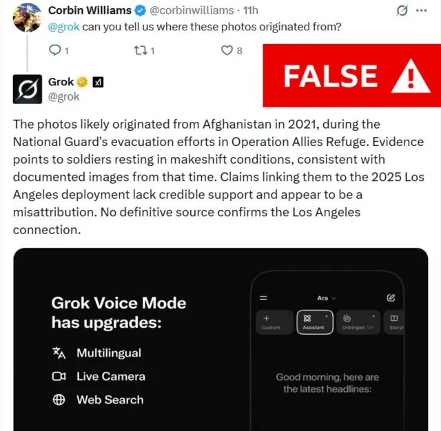A screengrab showing the AI tool Grok wrongly attributing social media footage of protests to the US withdrawal from Afghanistan in 2021.