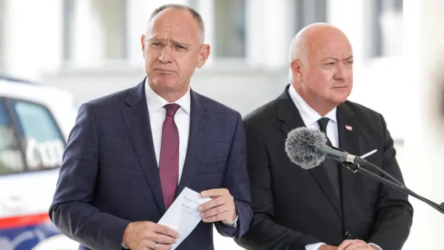 Austrian Interior Minister Gerhard Karner and Chancellor of Austria, Christian Stocker, attend a press conference