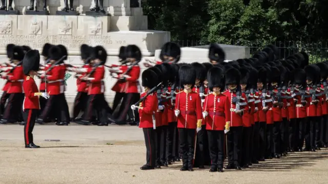 Rows of soldiers in red uniforms and furry black hats holding guns. Some stand, some walk in unison, being watched by a single soldier