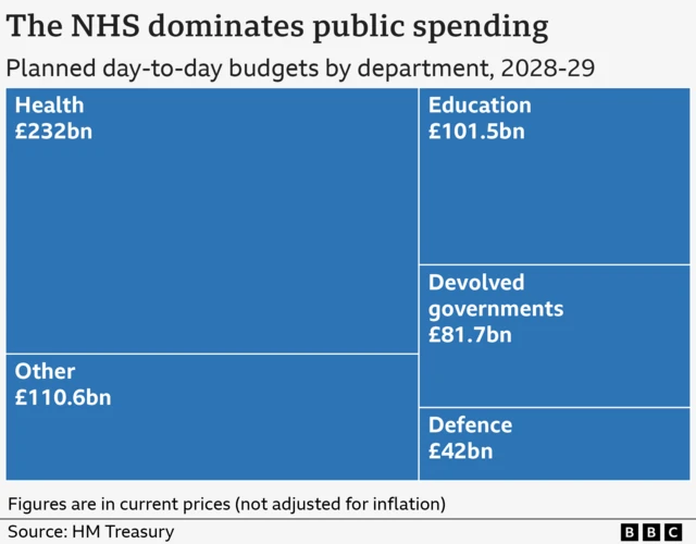 Graphic showing the NHS dominating public spending and planned day-to-day budgets by departments