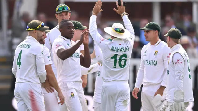 South Africa celebrate taking wicket