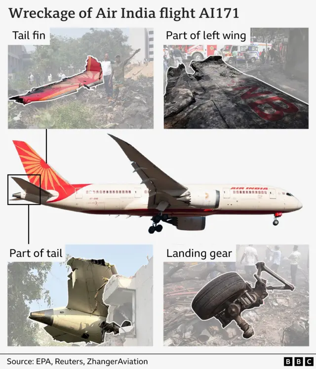 Graphic shows part of a plane - tail, landing gear, tail fin, part of left wing.
