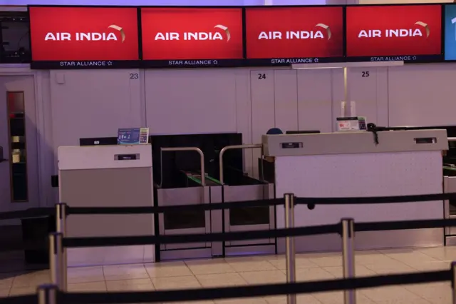 Empty Air India check-in desks at Gatwick airport. Photo: 12 June 2025