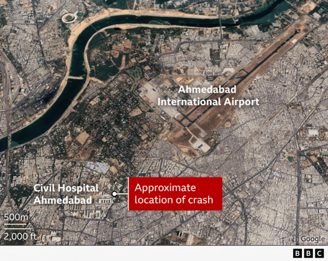 Map showing Ahmedabad International Airport and approximate location of crash.