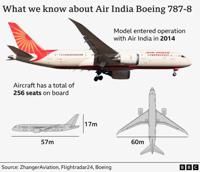 Graphic showing image of Boeing 787-8 - information about model: 256 seats, 60m wing span, 57 m length and 17m height.