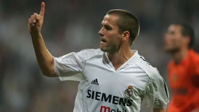 : Michael Owen of Real Madrid celebrates his goa