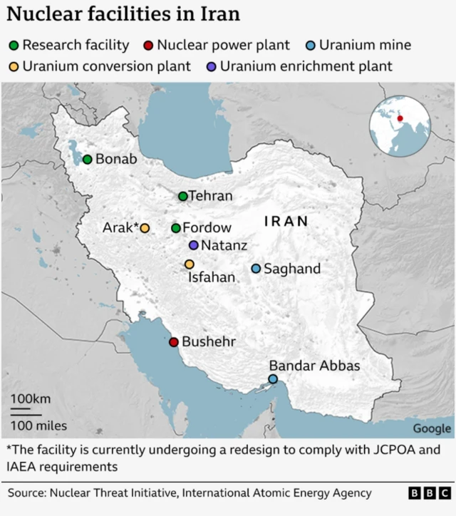 A map shows Iran's nuclear facilities