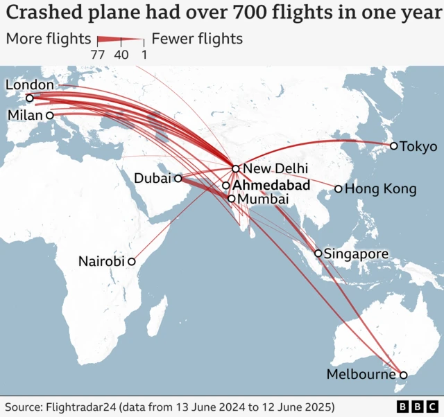 A map showing the flight route of the crashed Boeing over the past year