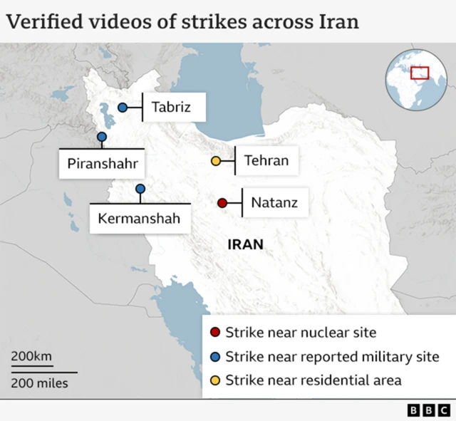 A map shows where reported strikes hit across Iran, including Tehran, Tabriz, Piranshahr, Natanz and Kermanshah.