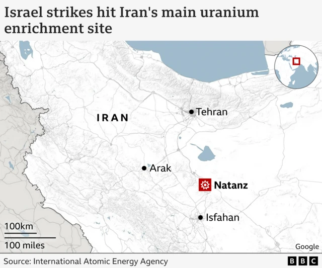 Map showing where Israeli strikes hit