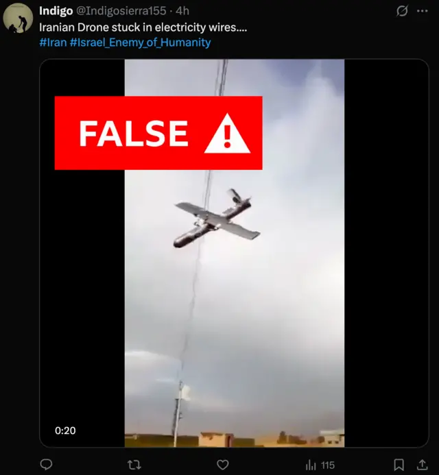 A screenshot of an X post falsely claiming to be an Iranian drone fired at Israel today