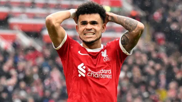 Luis Diaz of Liverpool reacts after scoring a goal which was later ruled out