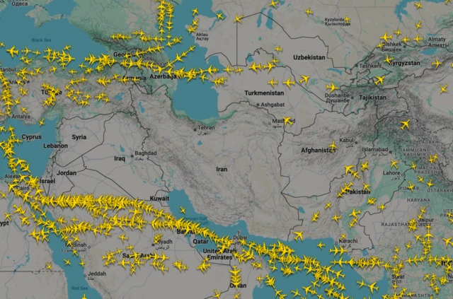 A screengrab from FlightRadar24 taken this morning showing commercial jets avoiding a large part of the region