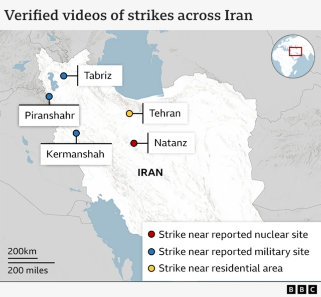 Map of verified videos of strikes in Iran