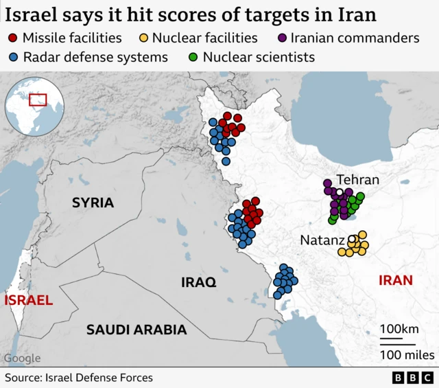 A map showing where strikes were reported in Iran, there are five sites, including Tehran and at Natanz, which is Iran's main uranium enrichment plants